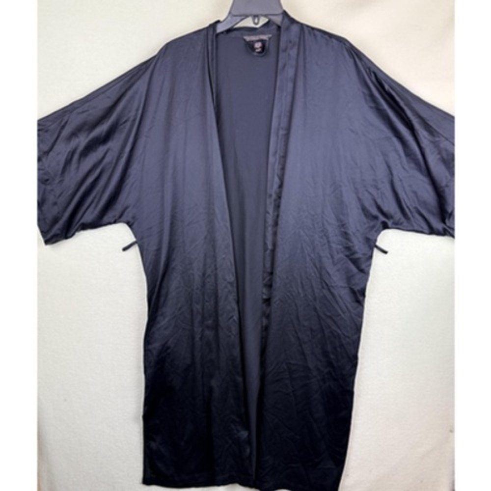 Victorias Secret Black Satin Kimono Robe Womens ML Relaxed Fit Mid Length Solid